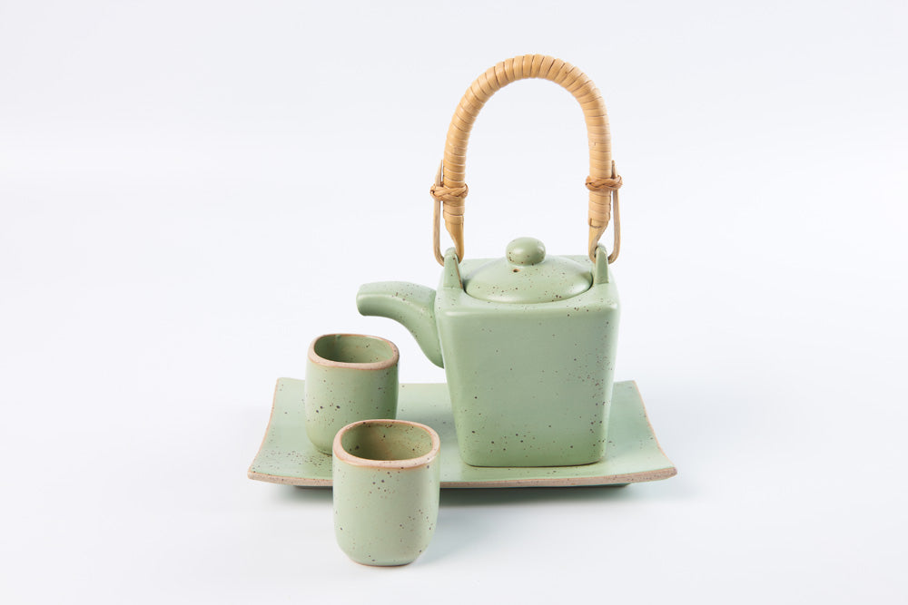 Bamboo Handled Square Tea Set with Square Cups
