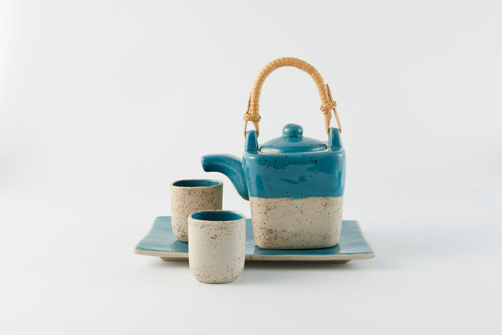 Bamboo Handled Square Tea Set with Square Cups